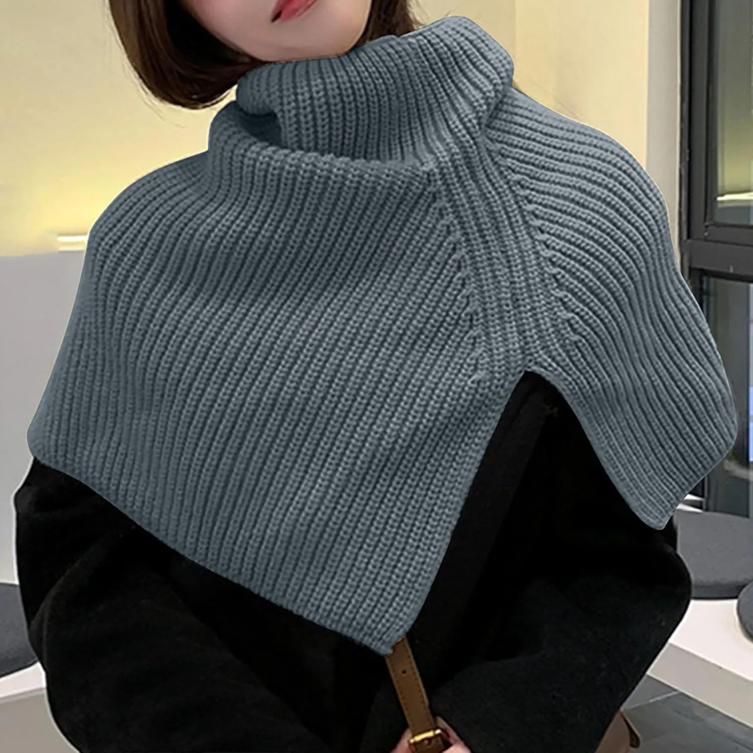 JOAU Women's Turtleneck Poncho Cloak Short Style Asymmetric Knitted Solid Color Slit Wrap Shawl Scarf for Holiday Travel