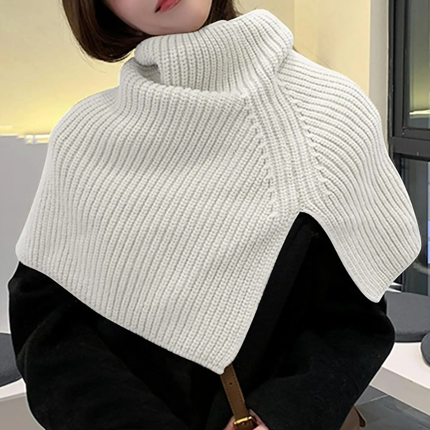 JOAU Women's Turtleneck Poncho Cloak Short Style Asymmetric Knitted Solid Color Slit Wrap Shawl Scarf for Holiday Travel