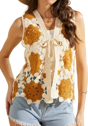 KEOMUD Summer Sleeveless Boho Crochet Vest for Women,Lightweight Breathable Tie Front Cardigan Tops for Beach Vacation
