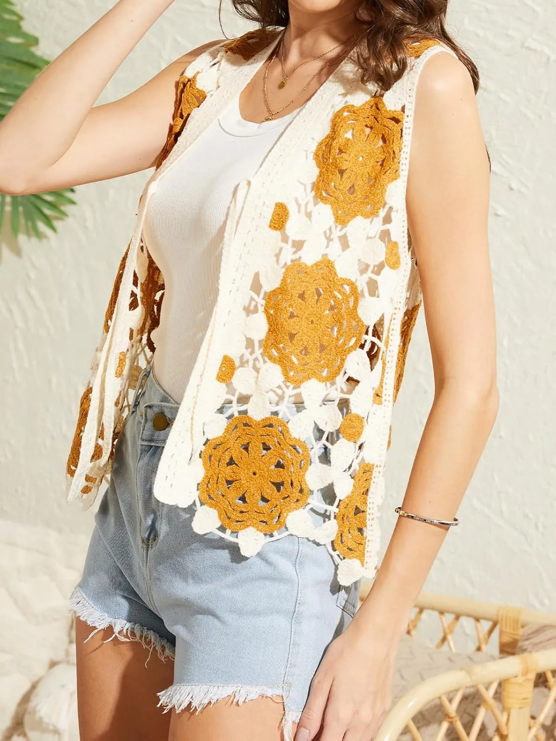 KEOMUD Summer Sleeveless Boho Crochet Vest for Women,Lightweight Breathable Tie Front Cardigan Tops for Beach Vacation