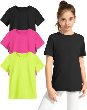 KEREDA Girls Athletic Shirts Quick Dry Short Sleeve Crew Neck T Shirts, Summer UPF 50  Tee Tops for Teen Girls 3 Pack