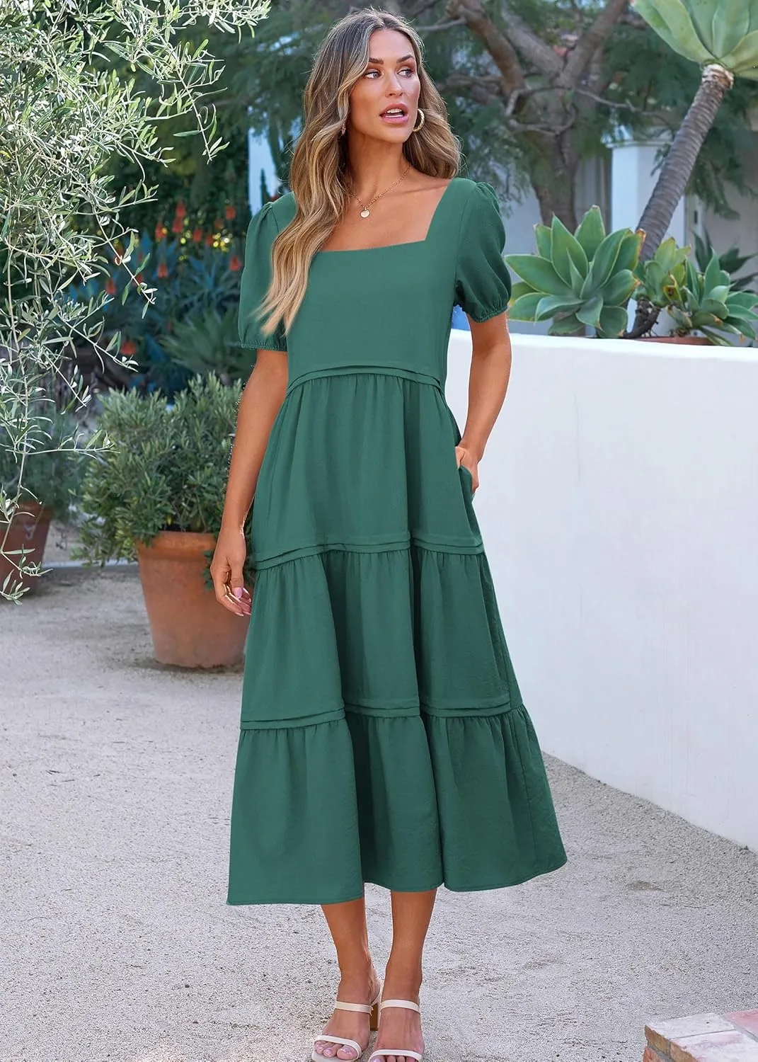 KIRUNDO Women Summer Dresses 2024 Spring Fashion Boho Puff Sleeve Square Neck Pocketed Loose Fit Tiered Flowy Maxi Dress