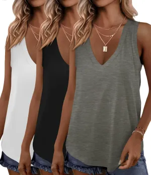 KKJ 3 Pack Womens Tank Tops 2025 Summer Beach Vacation Outfits V Neck Loosefit Sleeveless Casual Cruise Shirt Fashion Clothes