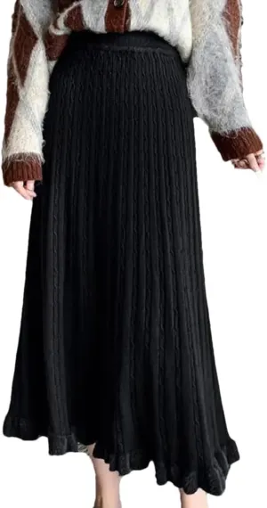 Knitted Long Skirt Women Winter Warm Midi Skirt Female Pleated Skirt High Waist A Line Skirt