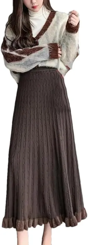 Knitted Long Skirt Women Winter Warm Midi Skirt Female Pleated Skirt High Waist A Line Skirt