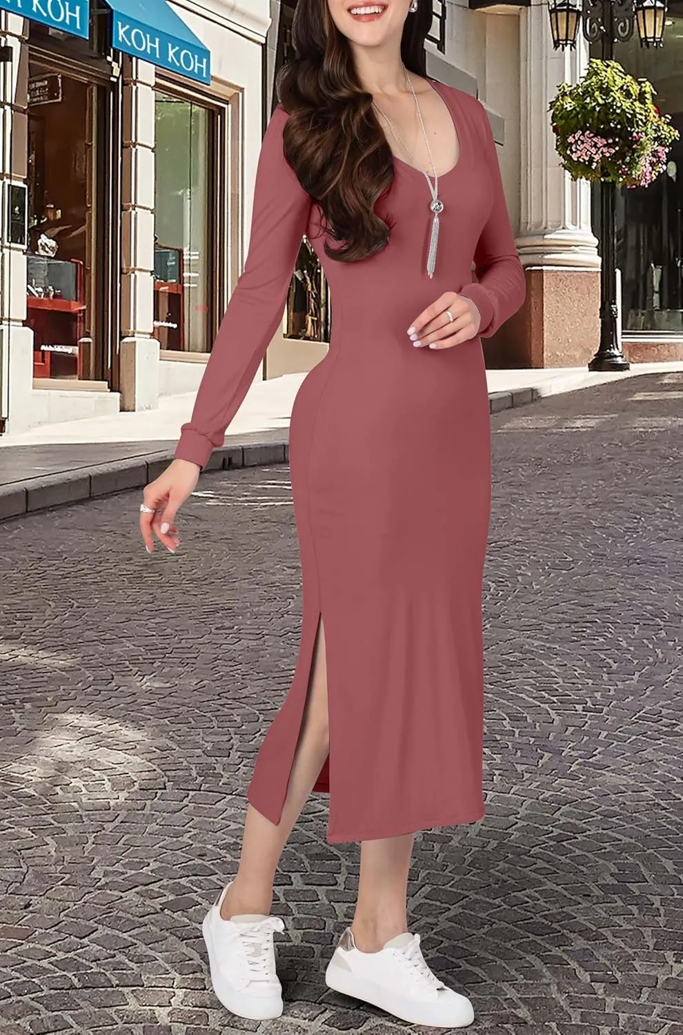KOH KOH Womens 2025 Long Sleeve Casual V-Neck Fitted Stretchy Bodycon Midi Dress