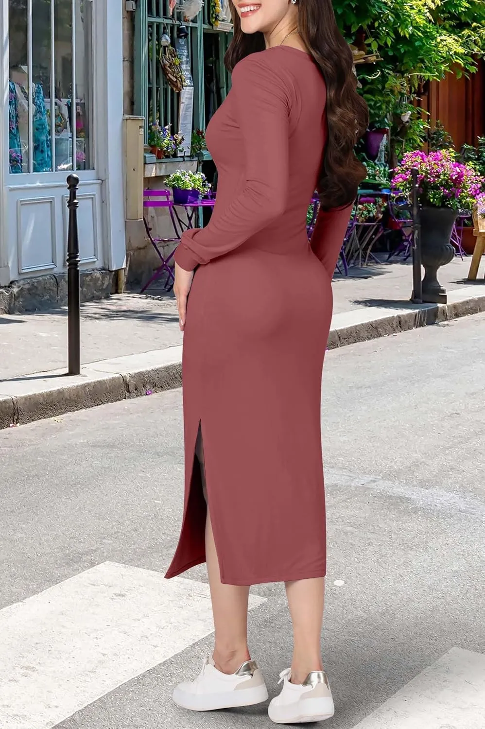 KOH KOH Womens 2025 Long Sleeve Casual V-Neck Fitted Stretchy Bodycon Midi Dress