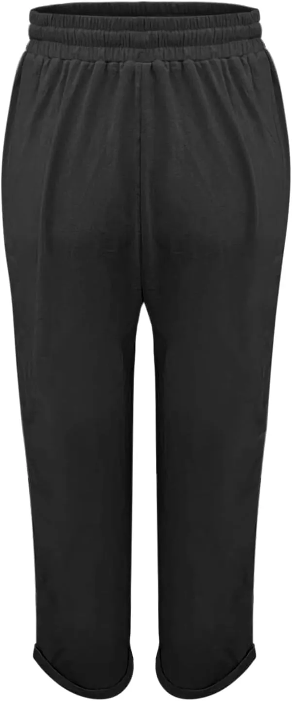 Ladies Summer Elastic High Waist with Tie Solid Color Cotton Linen Straight Leg Loose Long Trousers Casual Pants