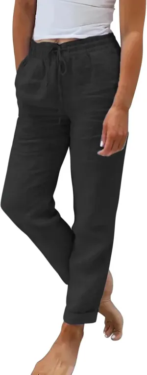 Ladies Summer Elastic High Waist with Tie Solid Color Cotton Linen Straight Leg Loose Long Trousers Casual Pants