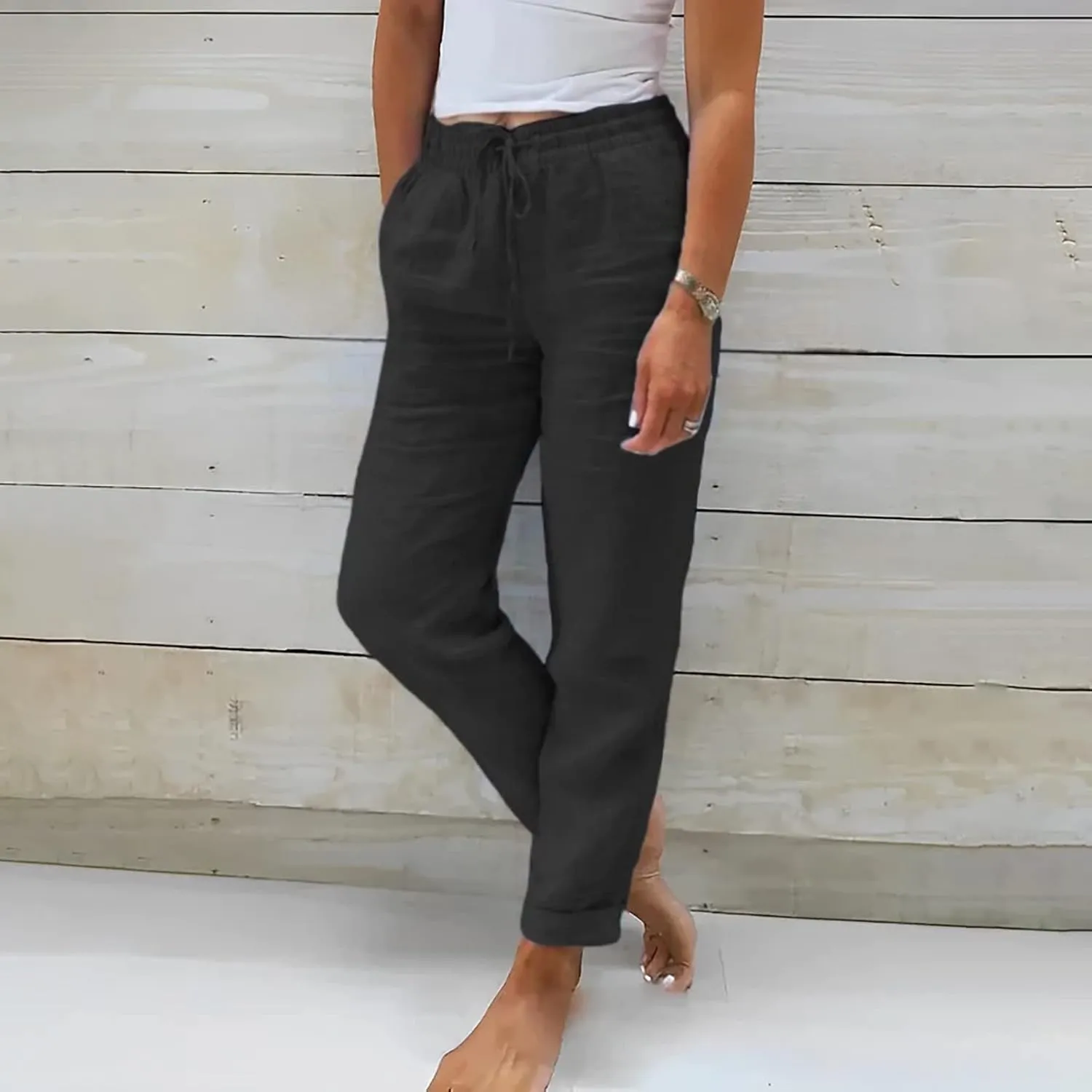 Ladies Summer Elastic High Waist with Tie Solid Color Cotton Linen Straight Leg Loose Long Trousers Casual Pants