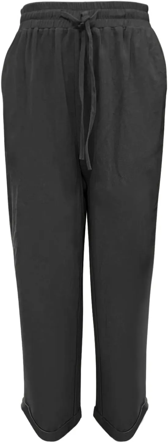 Ladies Summer Elastic High Waist with Tie Solid Color Cotton Linen Straight Leg Loose Long Trousers Casual Pants