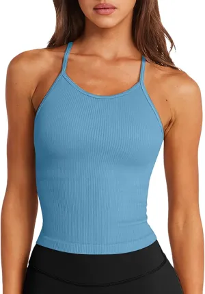 LASLULU Womens Sports Bra Seamless Long Crop Tank Racer Back Spaghetti Strap Workout Yoga Bra Padded Halter Neck Casual Tops