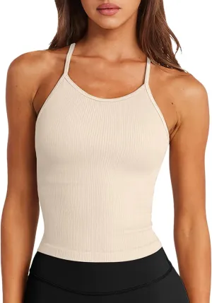 LASLULU Womens Sports Bra Seamless Long Crop Tank Racer Back Spaghetti Strap Workout Yoga Bra Padded Halter Neck Casual Tops
