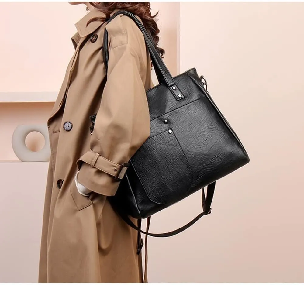 Leather Women Handbags and Purse Set Soft Shoulder Bags Medium Satchel Minimalist Ladies Tote Crossbody 2-Pcs
