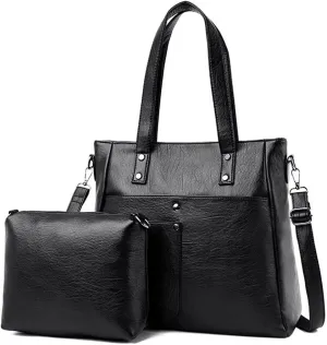 Leather Women Handbags and Purse Set Soft Shoulder Bags Medium Satchel Minimalist Ladies Tote Crossbody 2-Pcs