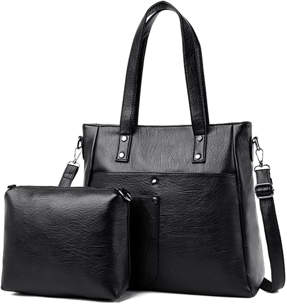 Leather Women Handbags and Purse Set Soft Shoulder Bags Medium Satchel Minimalist Ladies Tote Crossbody 2-Pcs