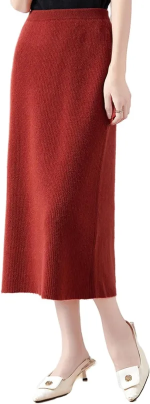 Length Skirt Women Autumn Winter 100% Merino Wool Knit Long Skirt Ribbed Elastic Warm Sweater Skirt