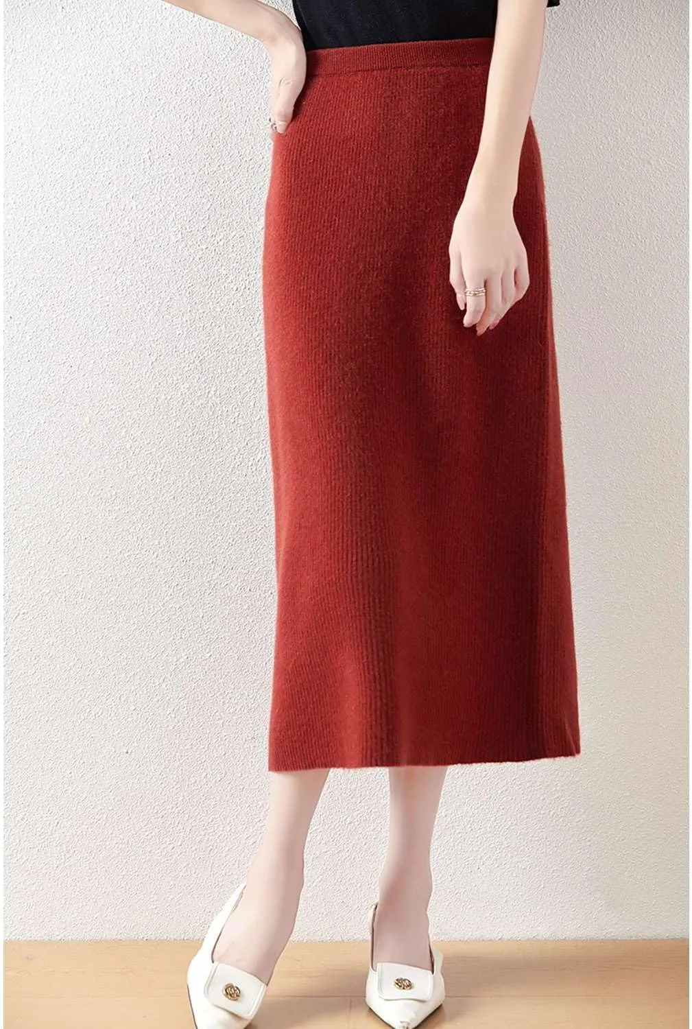 Length Skirt Women Autumn Winter 100% Merino Wool Knit Long Skirt Ribbed Elastic Warm Sweater Skirt