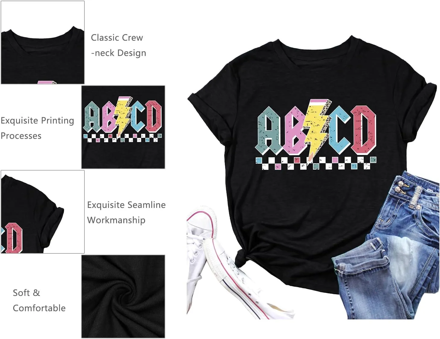 LHBNK Teacher Shirts Women ABCD Teacher Tshirt Teacher Life Shirt Tops Back to School Gifts Casual Summer Tops