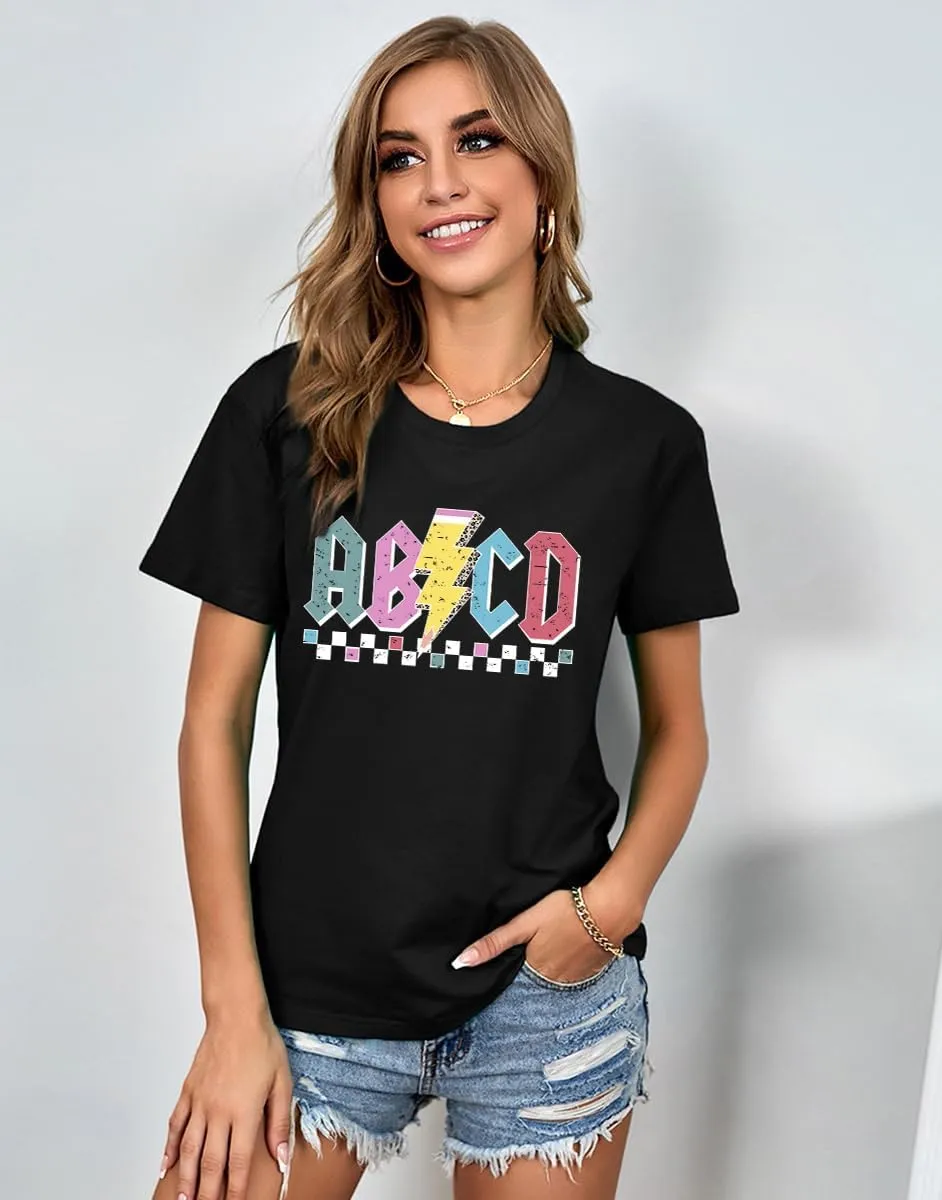 LHBNK Teacher Shirts Women ABCD Teacher Tshirt Teacher Life Shirt Tops Back to School Gifts Casual Summer Tops