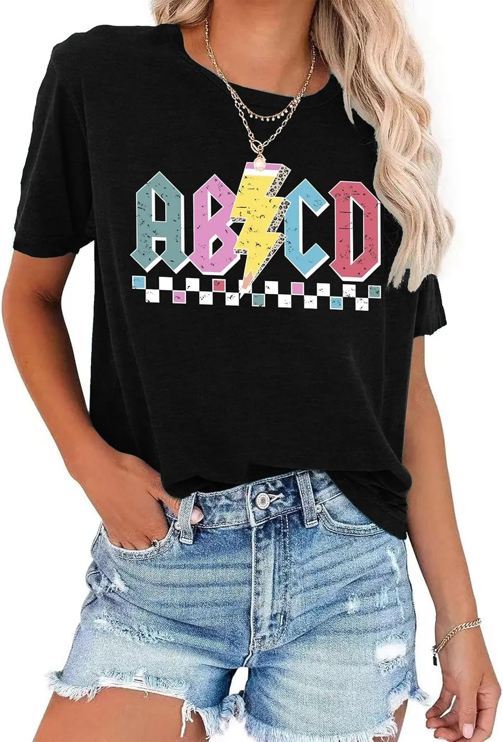 LHBNK Teacher Shirts Women ABCD Teacher Tshirt Teacher Life Shirt Tops Back to School Gifts Casual Summer Tops