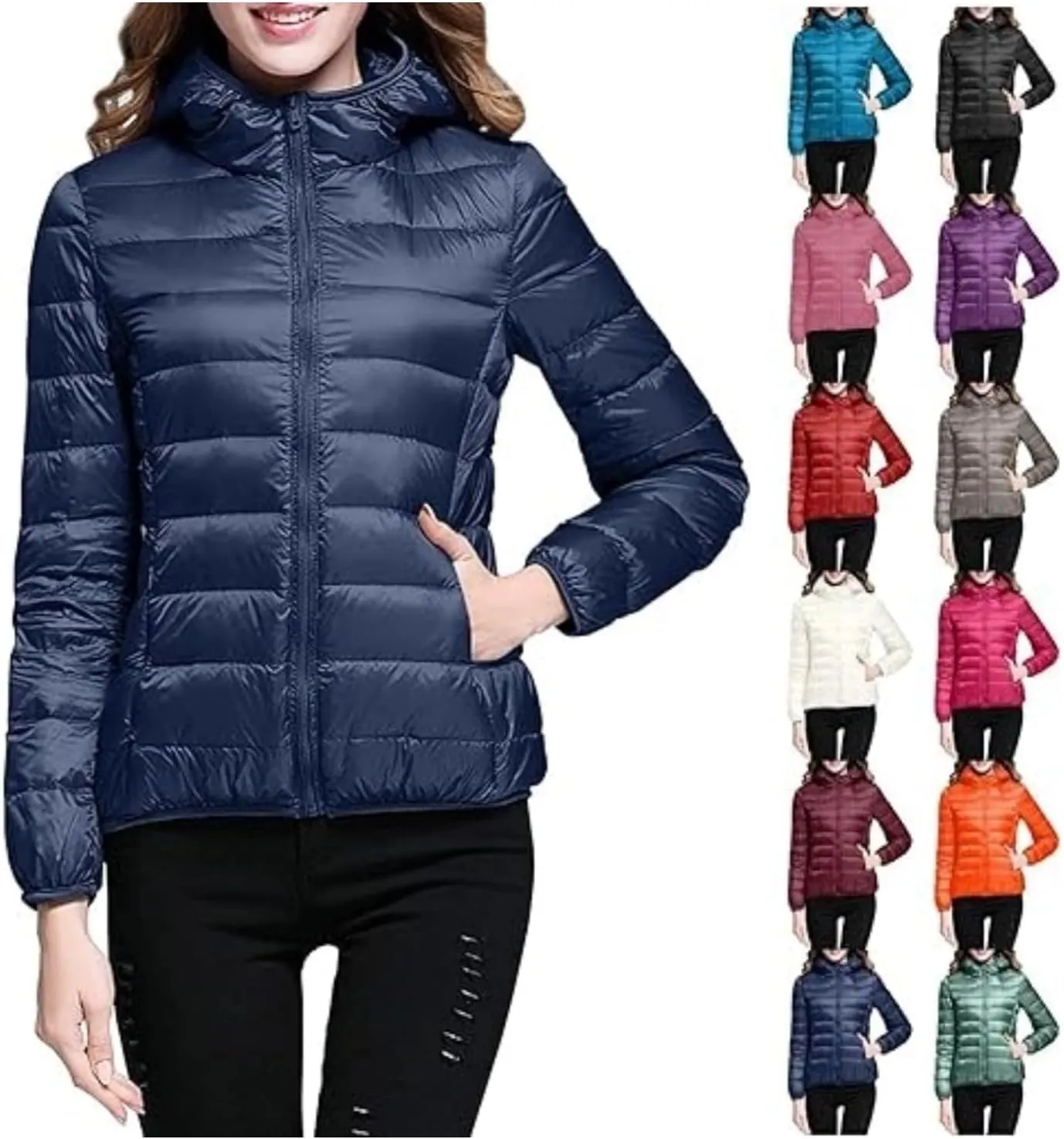 Light Jackets for Women Warm Hooded Down Jacket Packable Short Fall Jacket Zip Cardigan Winter Coats with Pockets