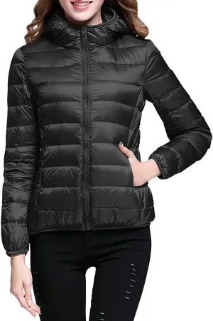 Light Jackets for Women Warm Hooded Down Jacket Packable Short Fall Jacket Zip Cardigan Winter Coats with Pockets