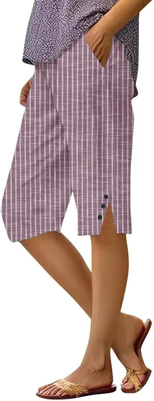 Linen Capri Pants for Women Casual Summer Retro Stripe Bermuda Shorts Light Weight Knee Length Plus Size Trousers