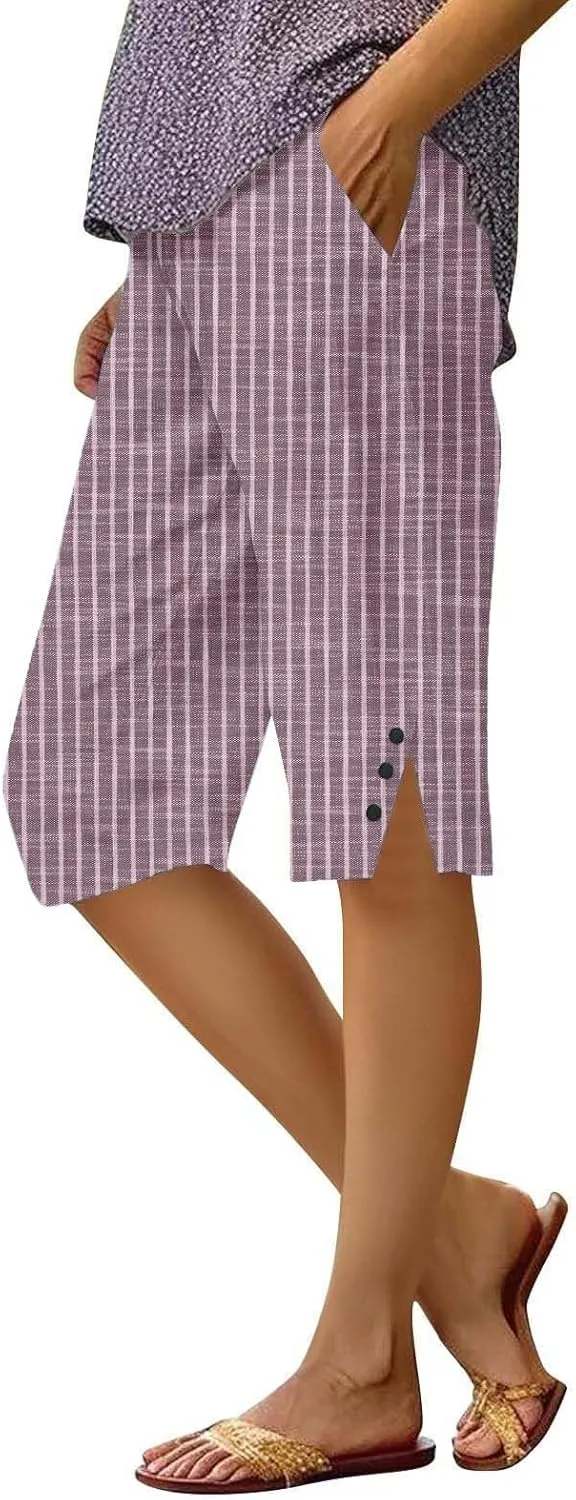 Linen Capri Pants for Women Casual Summer Retro Stripe Bermuda Shorts Light Weight Knee Length Plus Size Trousers
