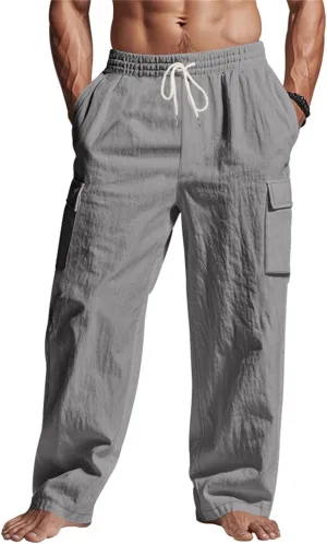 Linen Cargo Pants for Men Summer Casual Elastic Waist Pants with Pockets Relaxed Fit Beach Yoga Travel Lounge Pants