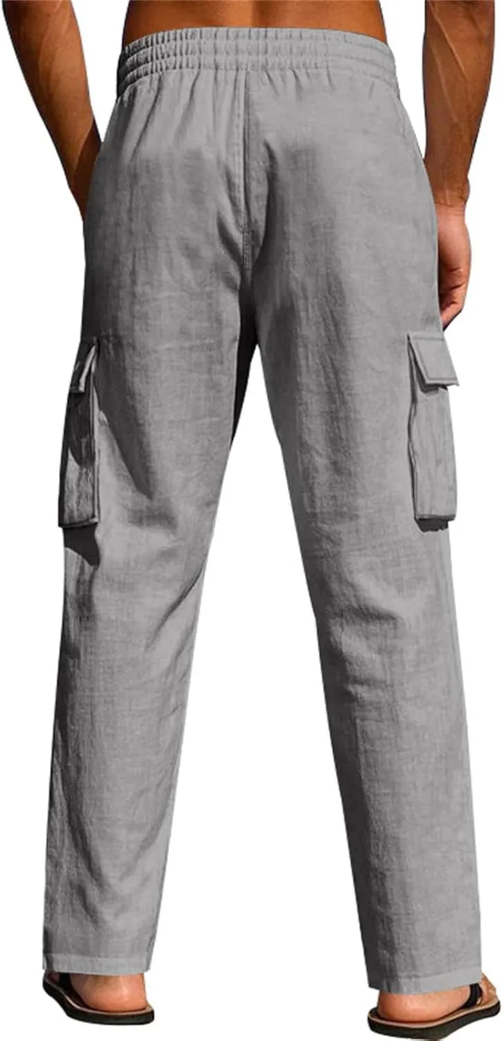 Linen Cargo Pants for Men Summer Casual Elastic Waist Pants with Pockets Relaxed Fit Beach Yoga Travel Lounge Pants