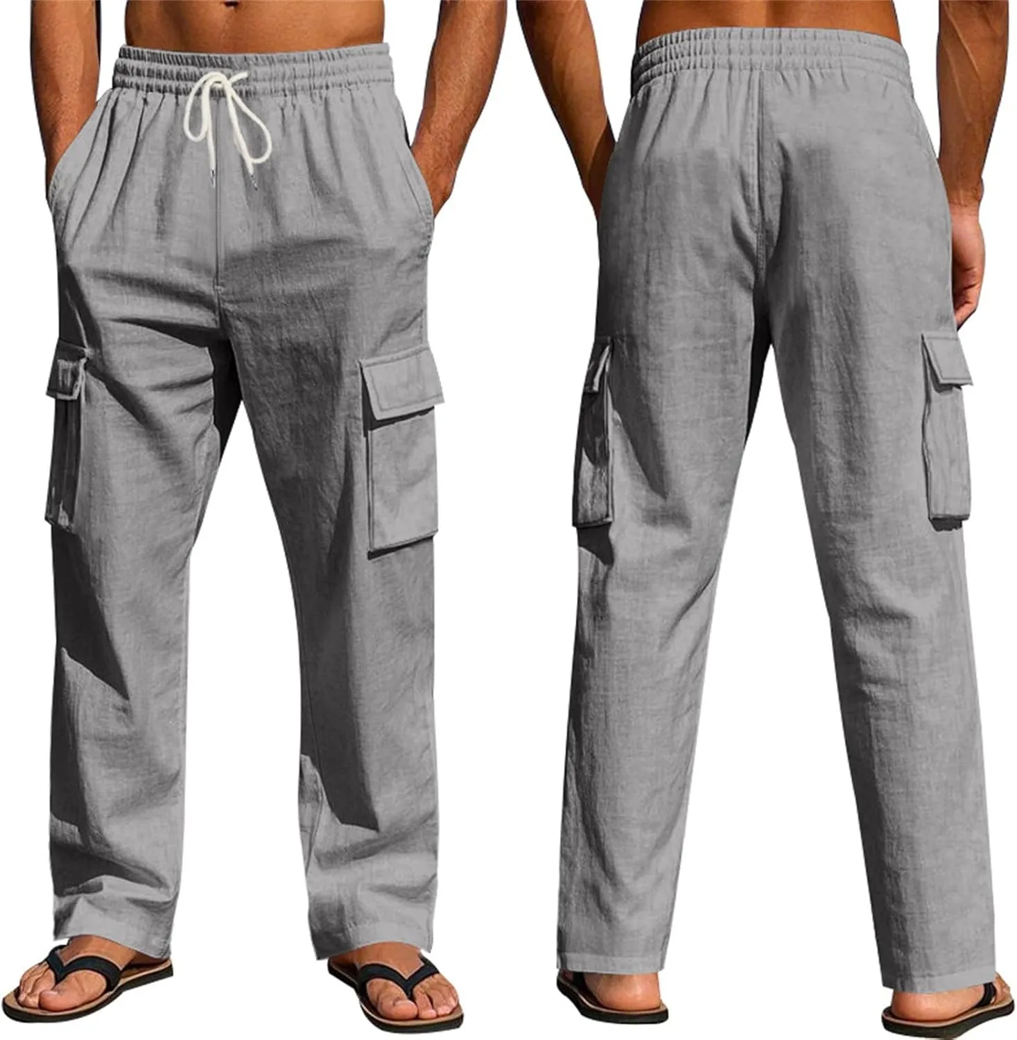Linen Cargo Pants for Men Summer Casual Elastic Waist Pants with Pockets Relaxed Fit Beach Yoga Travel Lounge Pants