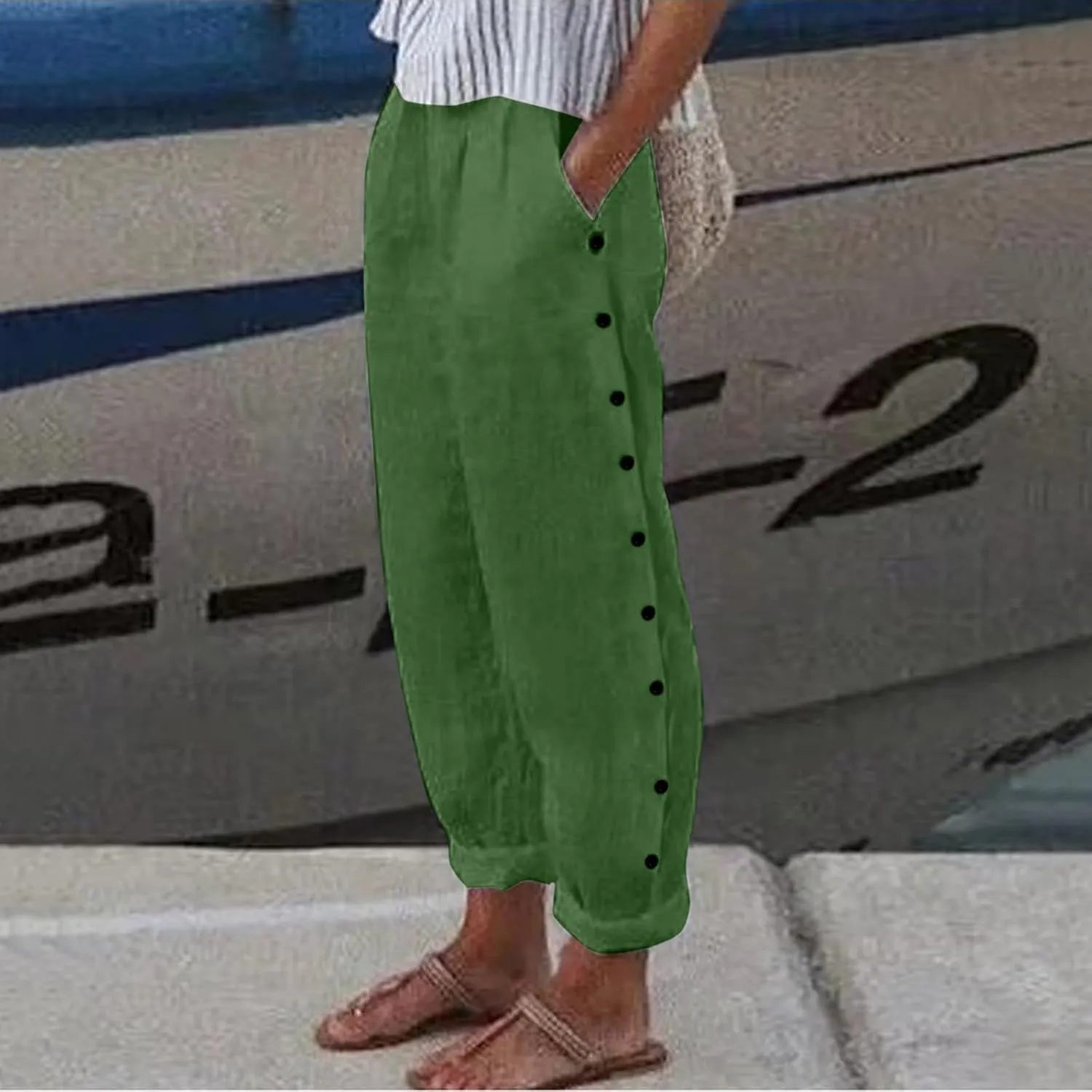 Linen Pants for Women Summer High Waisted Elastic Straight Leg Lounge Pants Casual Loose Lightweight Beach Trousers