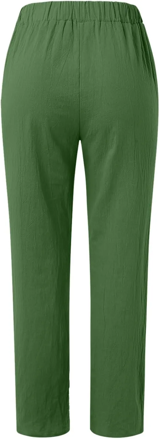 Linen Pants for Women Summer High Waisted Elastic Straight Leg Lounge Pants Casual Loose Lightweight Beach Trousers