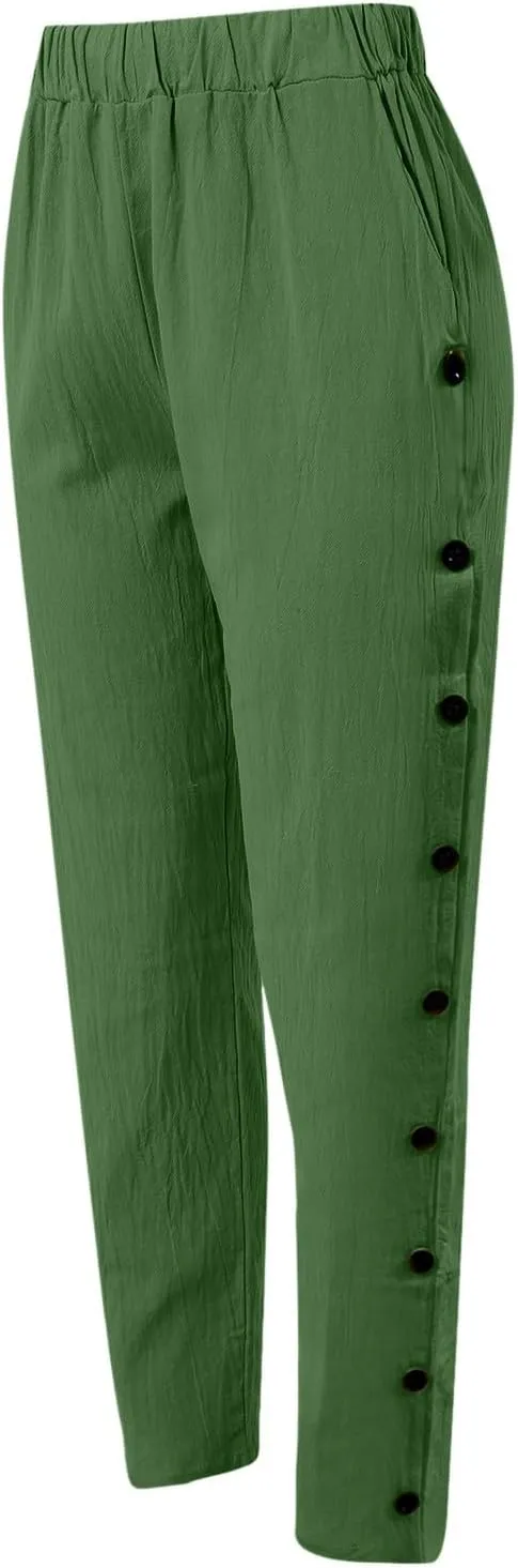 Linen Pants for Women Summer High Waisted Elastic Straight Leg Lounge Pants Casual Loose Lightweight Beach Trousers