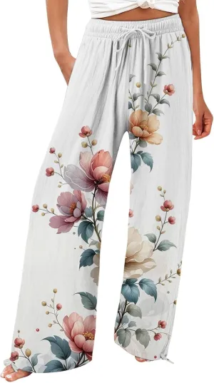 Linen Pants for Women Summer Wide Leg Retro Printed Drawstring Casual Palazzo Pants Beach Yoga Clothes with Pockets