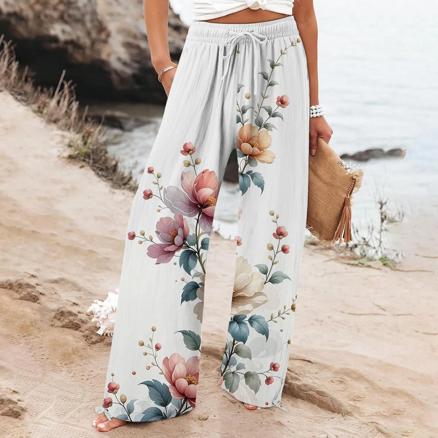 Linen Pants for Women Summer Wide Leg Retro Printed Drawstring Casual Palazzo Pants Beach Yoga Clothes with Pockets