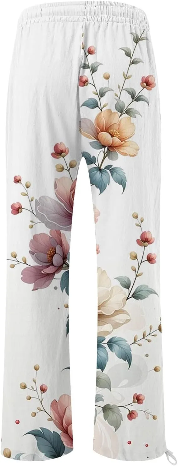 Linen Pants for Women Summer Wide Leg Retro Printed Drawstring Casual Palazzo Pants Beach Yoga Clothes with Pockets
