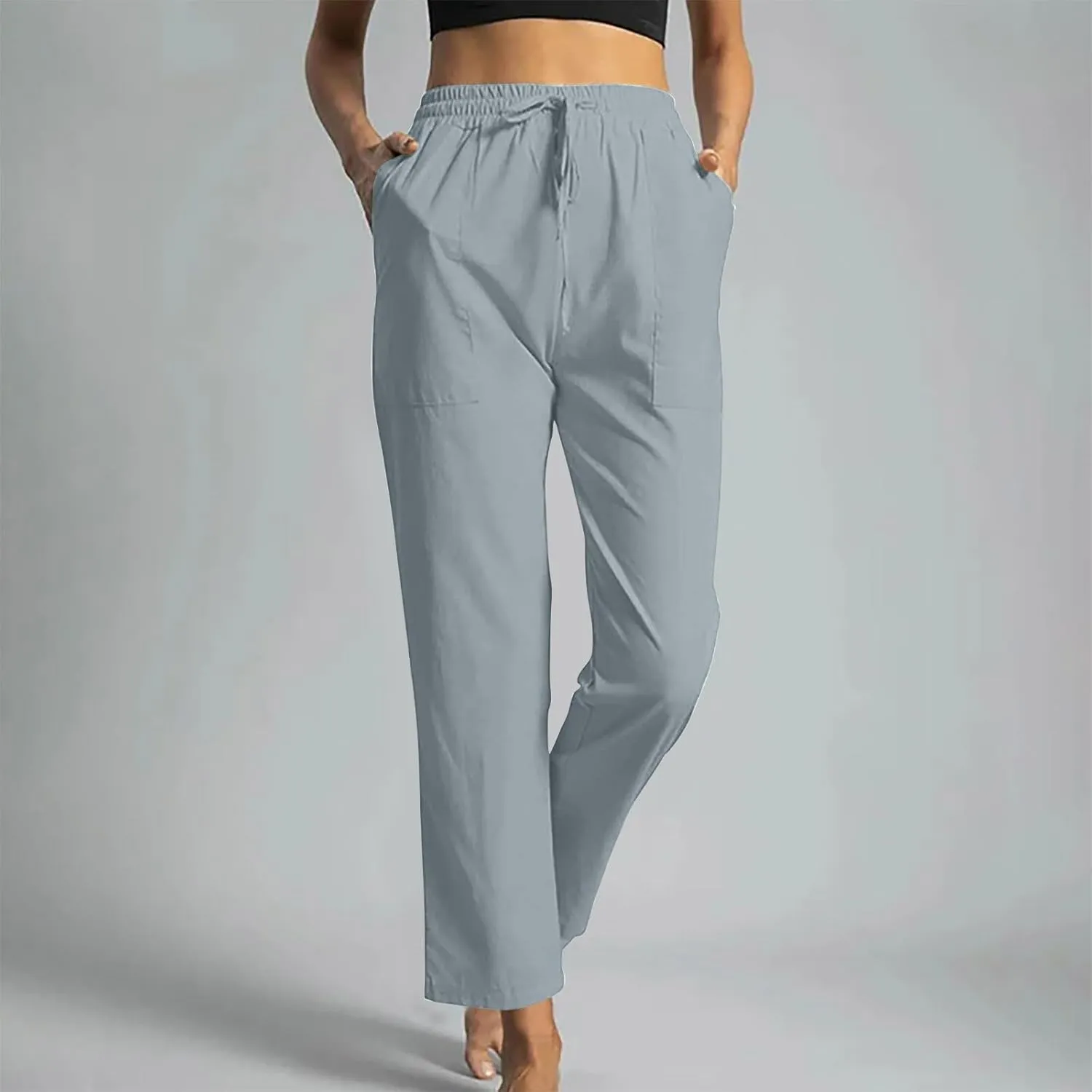 Linen Pants Women Casual Summer 2025 Trendy Drawstring Comfy Lounge Trousers Cotton Straight Leg Pants with Pockets