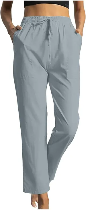 Linen Pants Women Casual Summer 2025 Trendy Drawstring Comfy Lounge Trousers Cotton Straight Leg Pants with Pockets