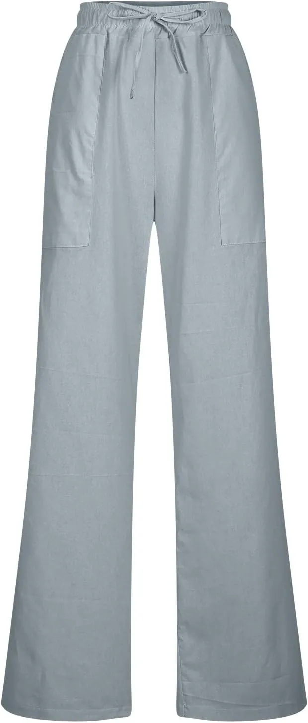Linen Pants Women Casual Summer 2025 Trendy Drawstring Comfy Lounge Trousers Cotton Straight Leg Pants with Pockets