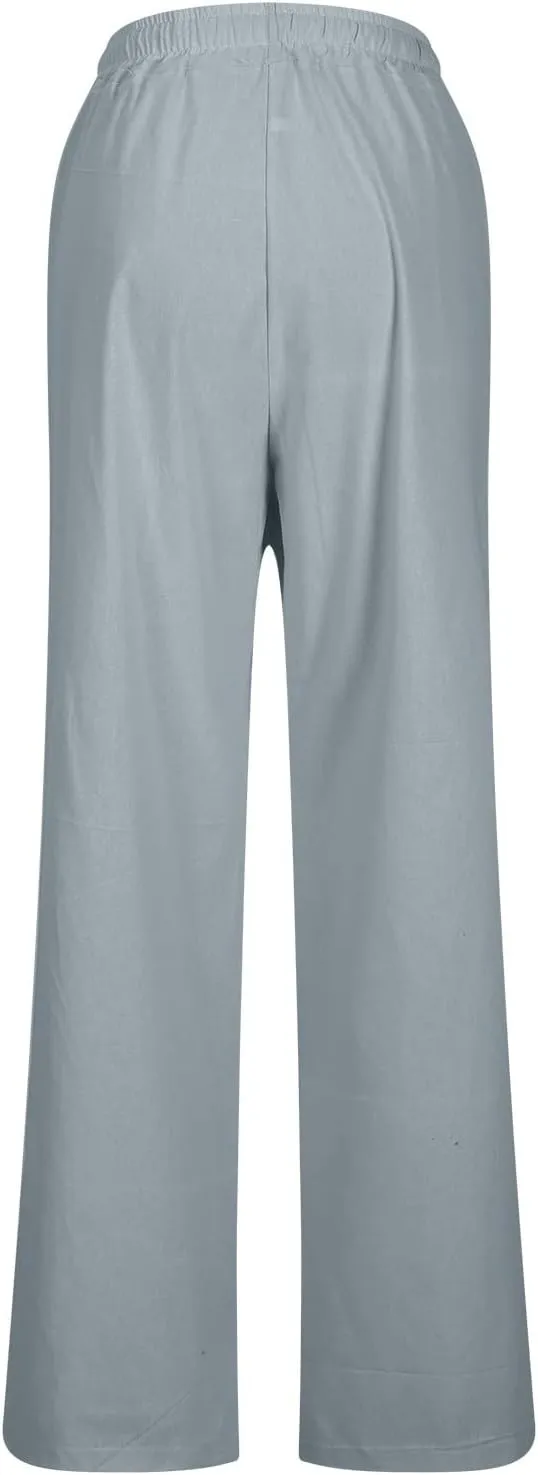 Linen Pants Women Casual Summer 2025 Trendy Drawstring Comfy Lounge Trousers Cotton Straight Leg Pants with Pockets