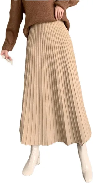 Long Knitted Skirt Women Autumn Winter Warm Skirts Female Pleated Skirt Ladies High Waist Maxi Skirt