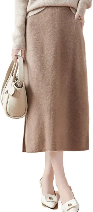 Long Skirt Women Autumn Winter 100% Merino Wool Knit Split Skirt Ribbed Elastic Warm Sweater Skirt