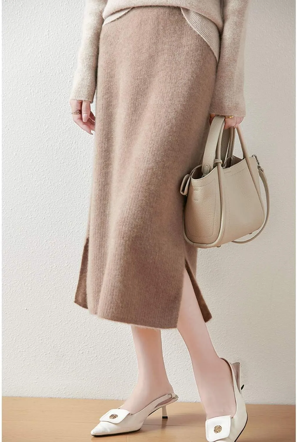 Long Skirt Women Autumn Winter 100% Merino Wool Knit Split Skirt Ribbed Elastic Warm Sweater Skirt