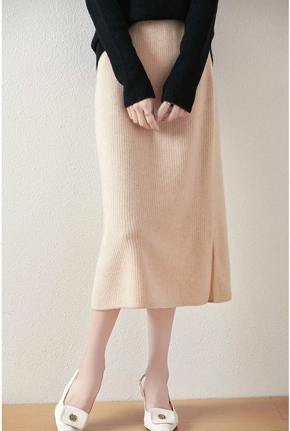 Long Skirt Women Autumn Winter 100% Merino Wool Knit Split Skirt Ribbed Elastic Warm Sweater Skirt