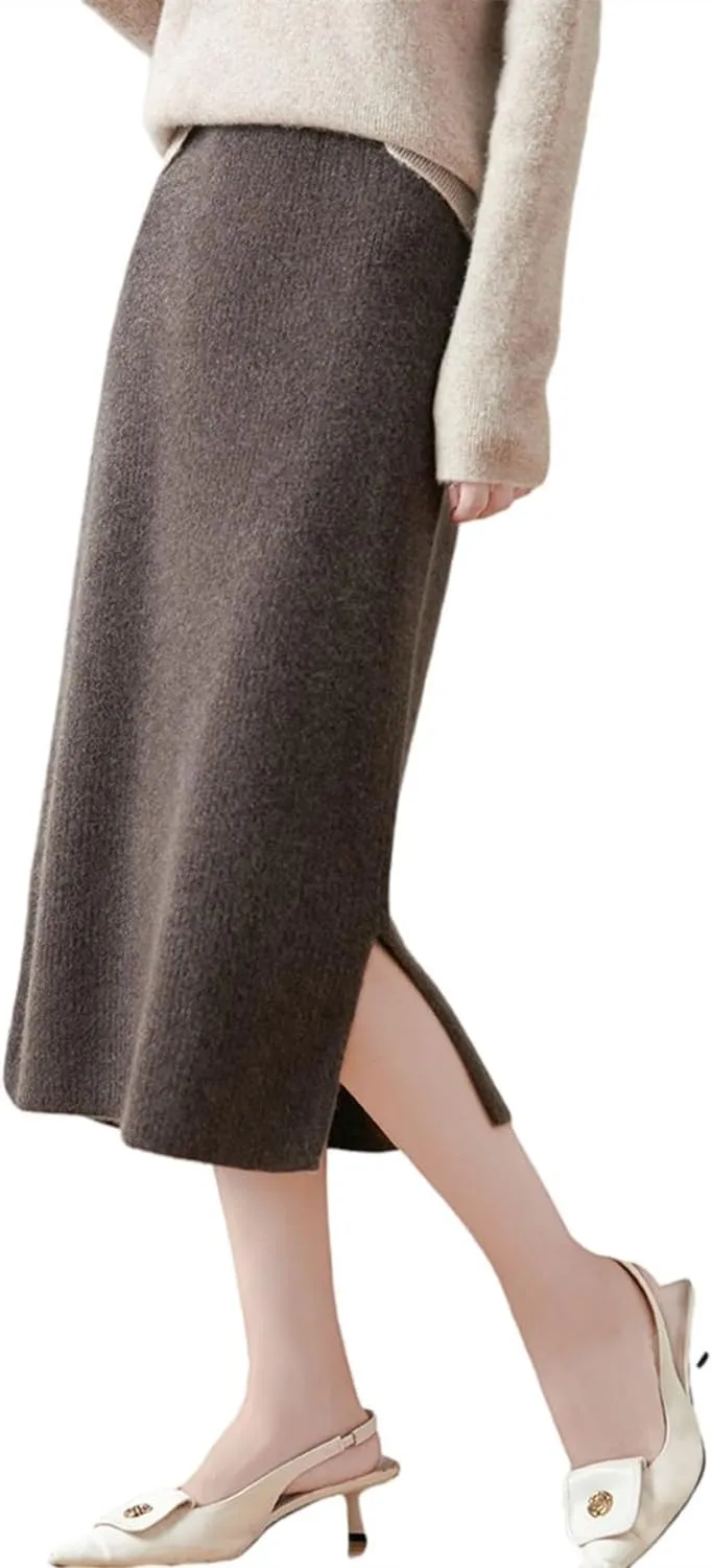 Long Skirt Women Autumn Winter 100% Merino Wool Knit Split Skirt Ribbed Elastic Warm Sweater Skirt