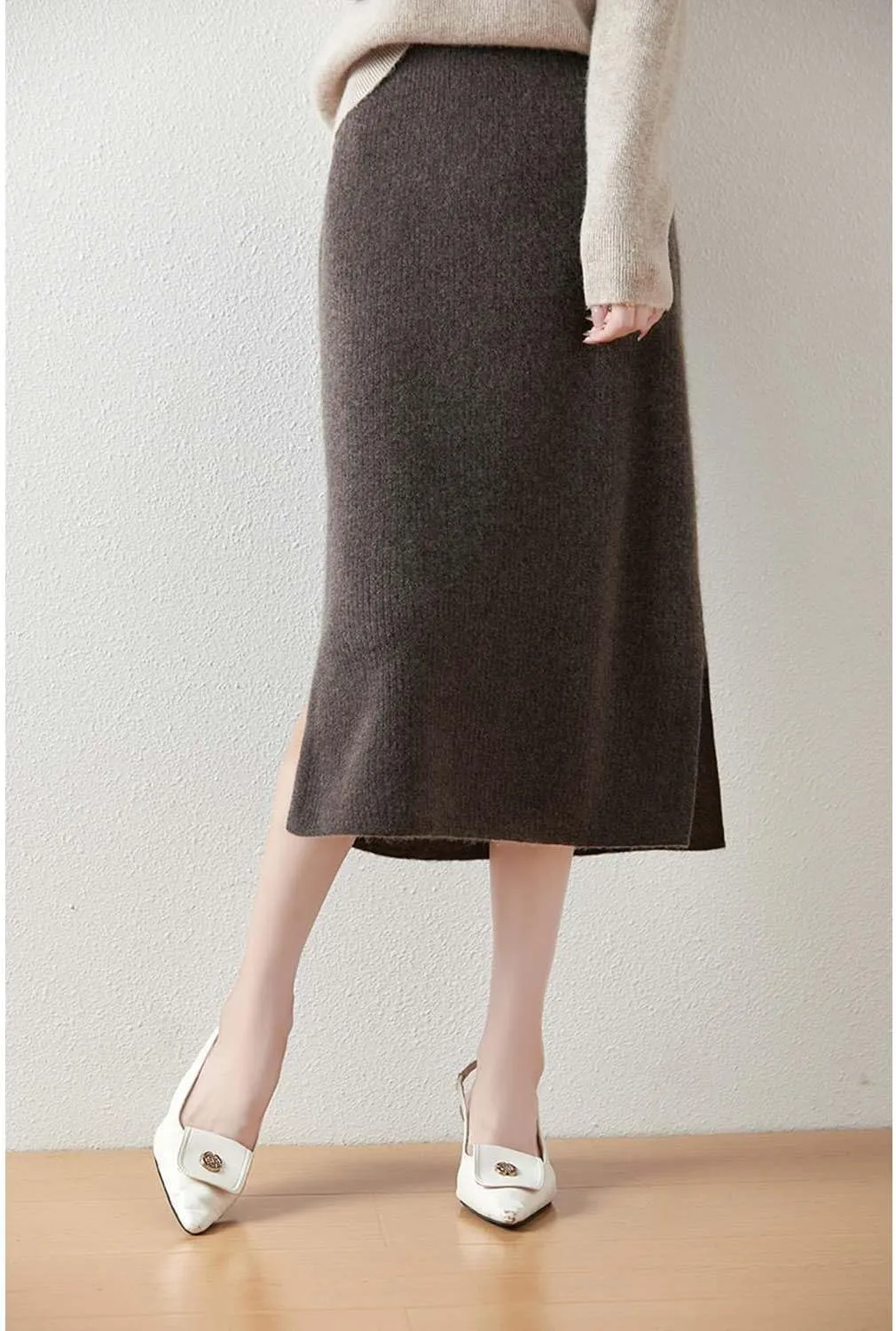 Long Skirt Women Autumn Winter 100% Merino Wool Knit Split Skirt Ribbed Elastic Warm Sweater Skirt
