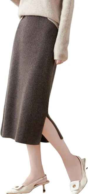 Long Skirt Women Autumn Winter 100% Merino Wool Knit Split Skirt Ribbed Elastic Warm Sweater Skirt