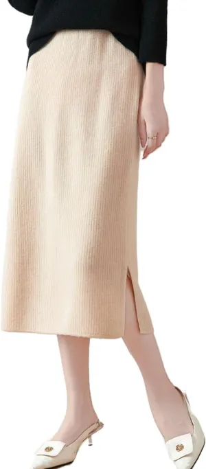 Long Skirt Women Autumn Winter 100% Merino Wool Knit Split Skirt Ribbed Elastic Warm Sweater Skirt